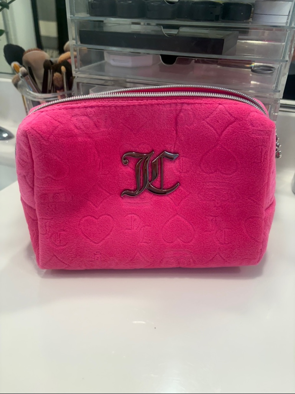 Juicy Couture Bright Pink Plush Cosmetic Case with Logo Emblem